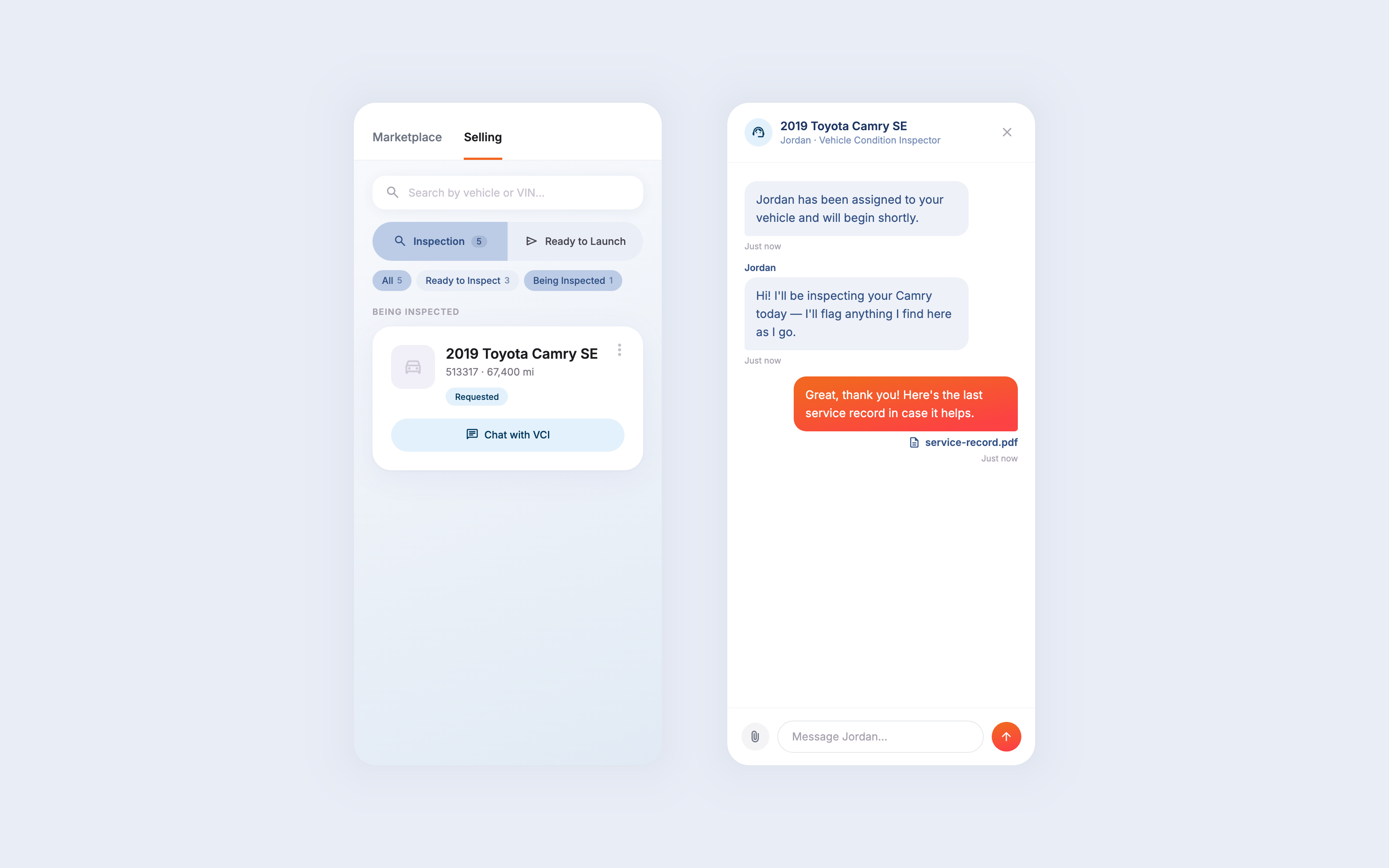Inspection card with a chat panel showing an assigned inspector, a direct message, and an attached service record